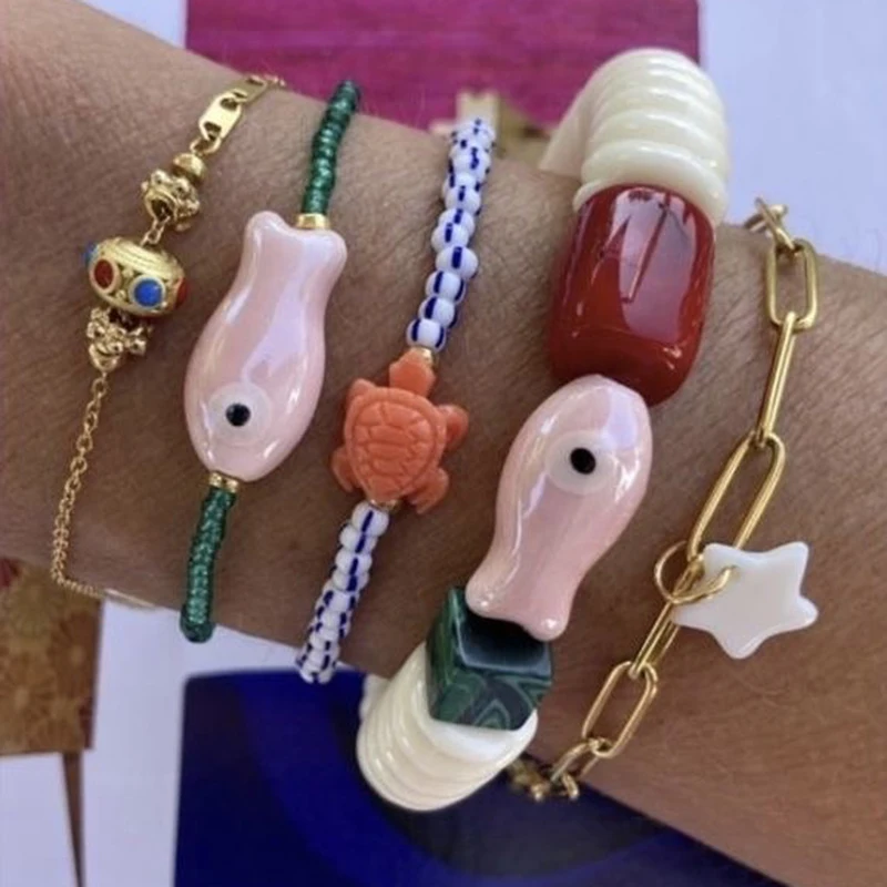 Cute Colorful Ceramic Fish Bracelet Fashionable Ceramic Beaded Jewelry Bohemian Accessories