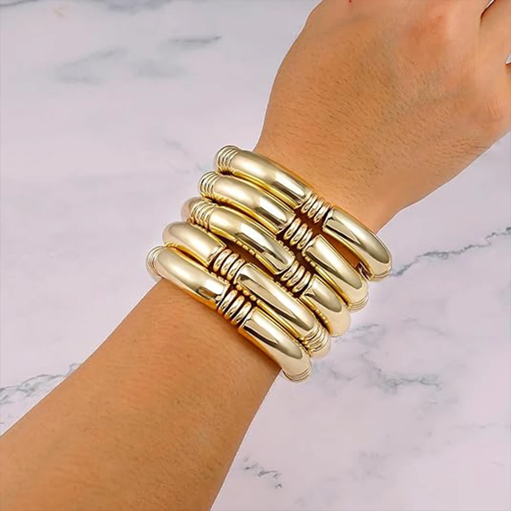 Badu Gold Color Chunky Bamboo Bangle Bracelets For Women Stack Layered Curved Tube Stretch Bracelets Modern Jewelry Gifts 2024