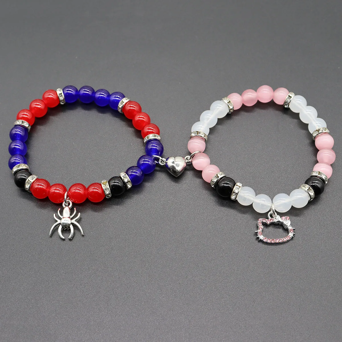 2Pcs/Set Pink Color Hello Cat Beaded Bracelets for Women Heart Magnetic Matching Couple Bracelets Girls Festival Jewelry Gifts